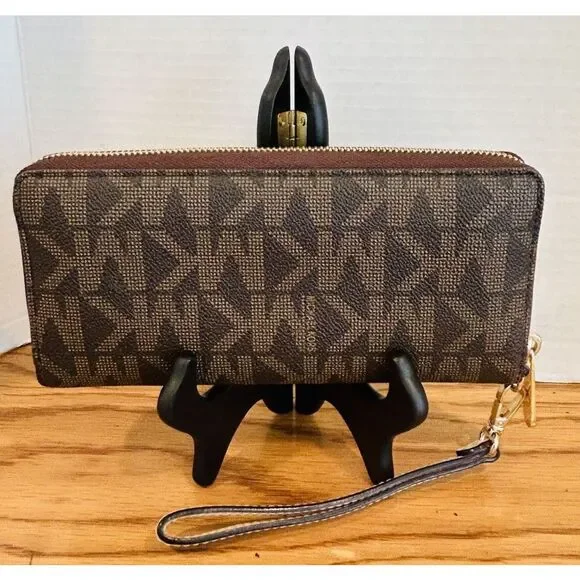 Michael Kors Jet Set Brown Mk Signature Large Travel Continental Wallet Wristlet - Picture 2 of 7